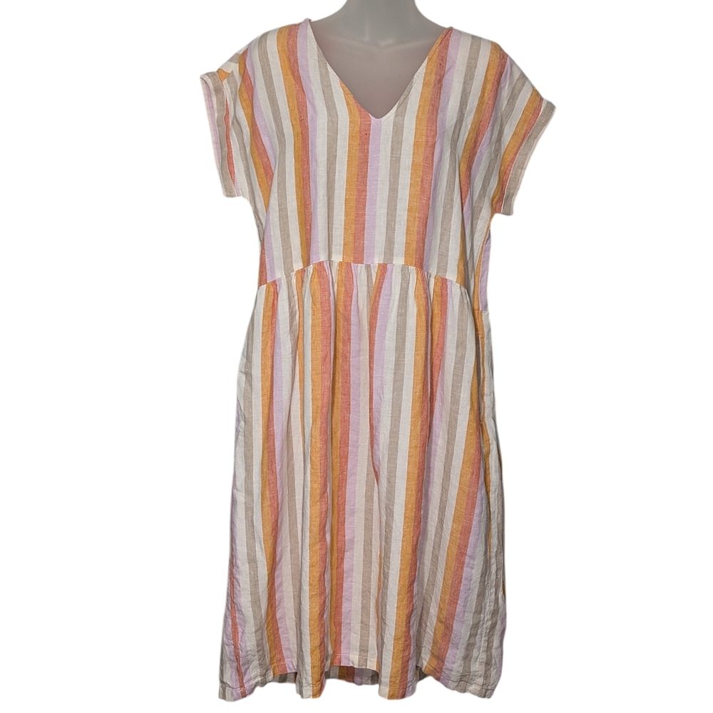 Lou & Grey Loft Oversized Small Multicolor Linen Striped Babydoll Midi Dress